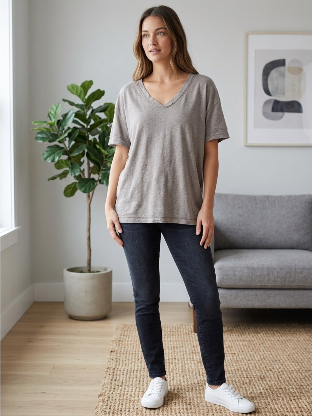 aerie Women's Short Sleeve V-Neck Tee in Taupe